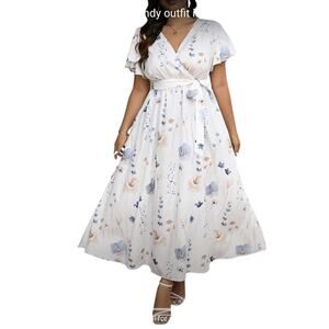 Floral Midi Plus-Size Dress V-Neck Belted Waist White Blue Spring Size 20